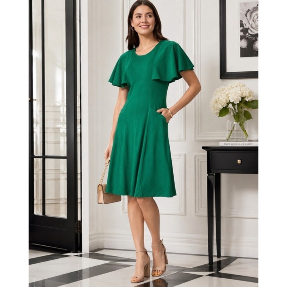 Eshakti Flutter Dress‎ Size M Kelly Green Flutter Sleeve 100% Cotton Jersey
